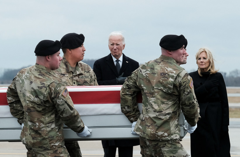  U.S. President Joe Biden attends the dignified transfer of the remains of Army Reserve Sergeants William Rivers, Kennedy Sanders and Breonna Moffett, three U.S. service members who were killed in Jordan during a drone attack carried out by Iran-backed militants, February 2, 2024 (credit: REUTERS/Michael A. McCoy)
