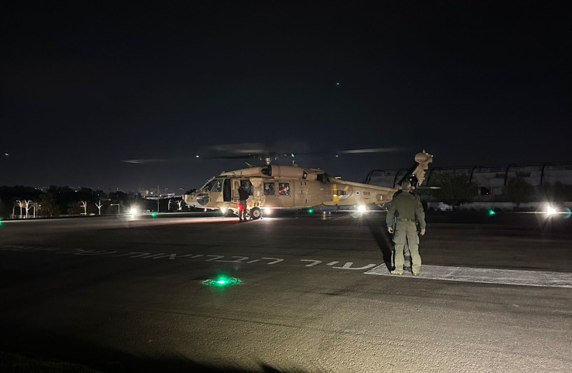  A helicopter arrives at Sheba Medical Center with the two rescued hostages, Februay 12, 2024 (credit: IDF SPOKESPERSON'S UNIT)
