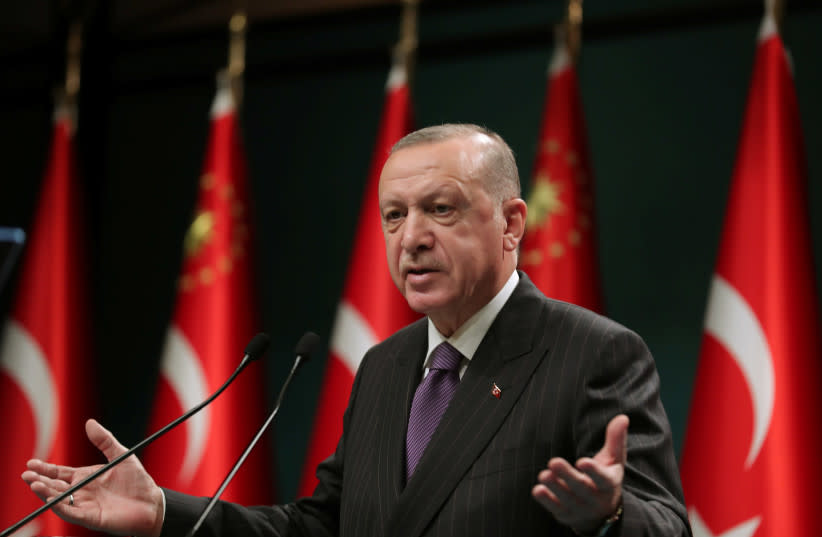  El presidente turco, Tayyip Erdogan, habla durante una rueda de prensa tras una reunión de su gabinete en Ankara, Turquía, 14 de diciembre de 2020. (credit: PRESIDENTIAL PRESS OFFICE/HANDOUT VIA REUTERS)