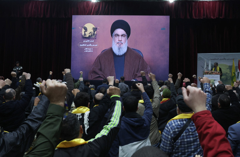 Lebanon's Hezbollah leader Hassan Nasrallah addresses his supporters in Beirut, Lebanon, February 13, 2024
