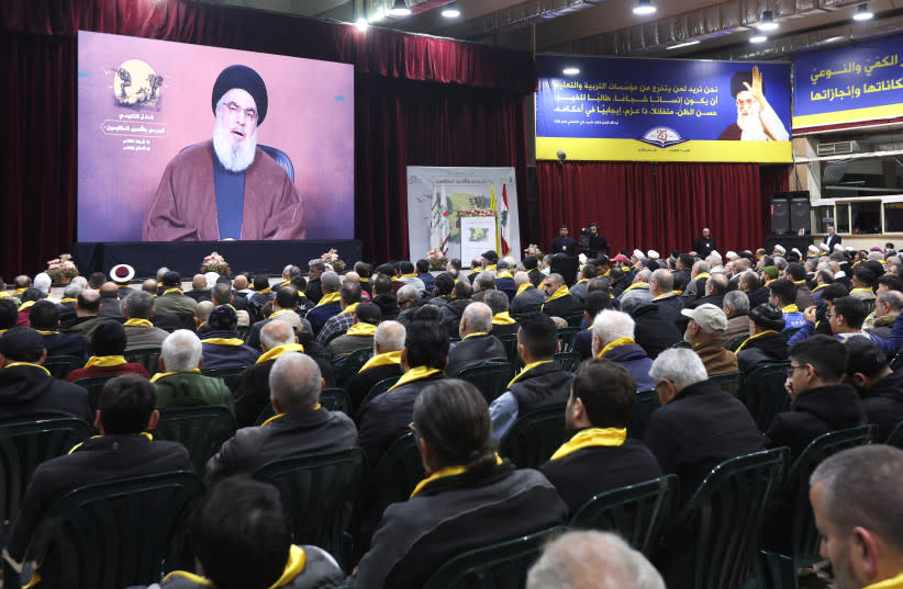  El líder de Hezbolá en Líbano, Hassan Nasrallah, se dirige a sus seguidores en Beirut, Líbano, 13 de febrero de 2024. (credit: REUTERS/AZIZ TAHER)