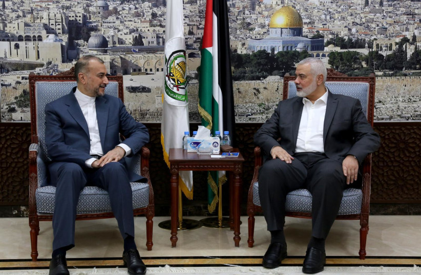  Hamas political bureau head Ismail Haniyeh meets with with Iranian Foreign Minister Hossein Amirabdollahian. February 13, 2024. (credit: Hamas Telegram)