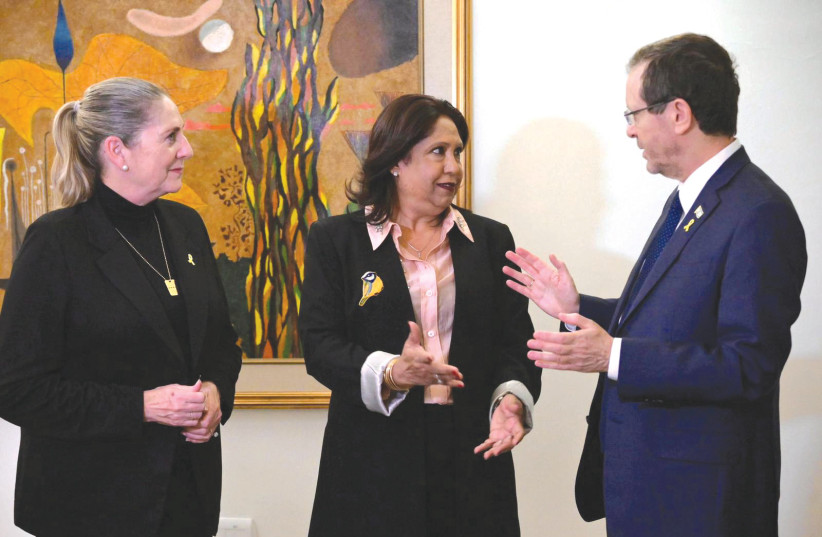  PRESIDENT ISAAC Herzog and Pramila Patten, UN special representative of the secretary-general on sexual violence in conflict, have a conversation at the President’s Residence in Jerusalem, as the president’s wife, Michal Herzog, looks on, last month.  (credit: AMOS BEN-GERSHOM/GPO)