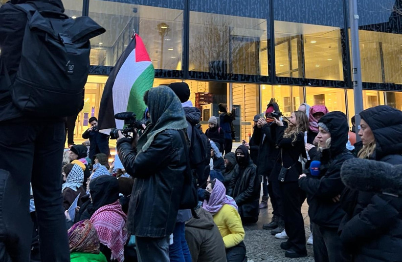  Anti-Israel protest held outside the Axel Springer Campus in Berlin where the JPost conference was being held. (credit: CHEN SCHIMMEL)