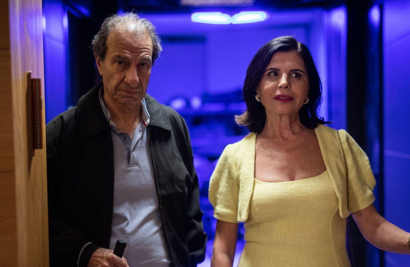  In ''Karaoke,'' one of the films screening at Seret Film Festival in Barcelona, Meir (Sasson Gabay) and Tova (Rita Shukrun) are a married couple living in a Tel Aviv high-rise and newly obsessed with a bachelor neighbor (Lior Ashkenazi) and his karaoke parties. (credit: Greenwich Entertainment/JTA)