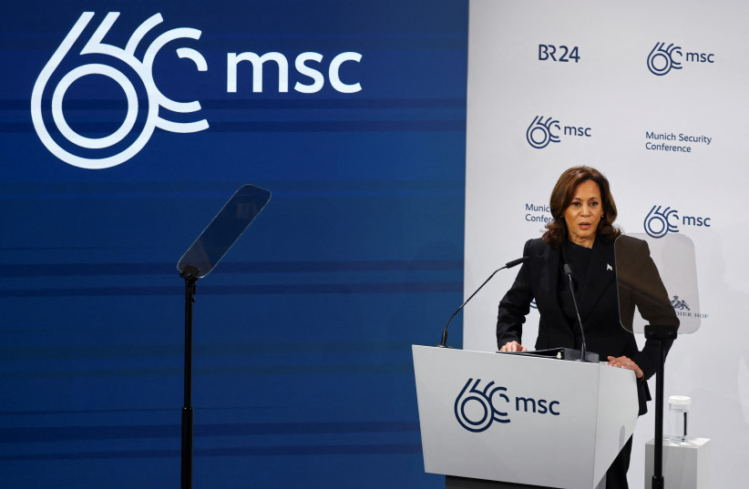  US Vice President Kamala Harris speaks during the Munich Security Conference (MSC) in Munich, Germany February 16, 2024 (credit: REUTERS/KAI PFAFFENBACH)