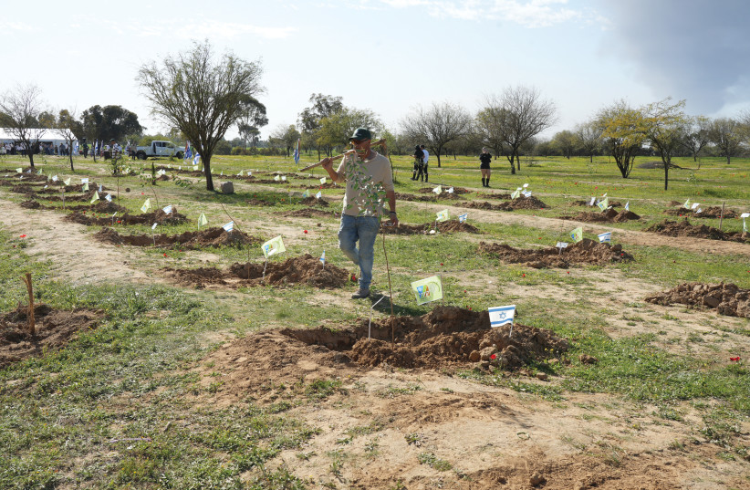  TU BISHVAT 2024: 364 trees have been planted at the site of the Nova music festival in memory of the people murdered by Hamas on October 7. (credit: Yossi Ifargan/JNF)