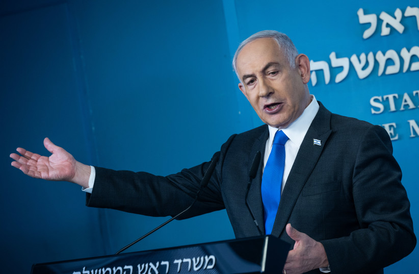  Israeli PM benjamin Netanyahu holds a press conference at the Prime Minister's office in Jerusalem on February 17, 2024. (credit: YONATAN SINDEL/FLASH90)