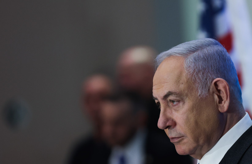  Prime Minister Benjamin Netanyahu attends a Conference of Presidents of Major American Jewish Organizations in Jerusalem, on February 18, 2024 (credit: Chaim Goldberg/Flash90)