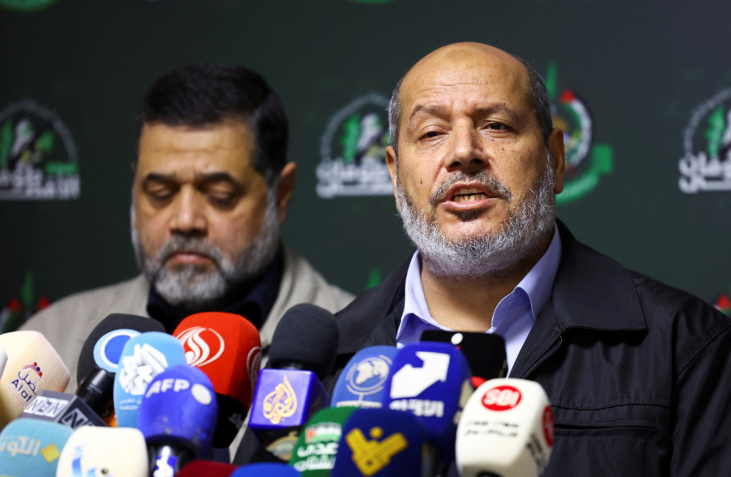  Hamas officials, Khalil Al-Hayya and Osama Hamdan, attend a press conference in Beirut, Lebanon, November 21, 2023. (credit: REUTERS/ESA ALEXANDER)