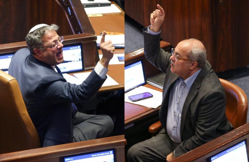 MKs Itamar Ben-Gvir and Ahmad Tibi shout at each other in the Knesset plenum on February 21, 2024 (credit: NOAM MOSKOVICH/KNESSET)