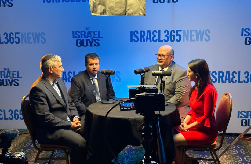  (From left): Author Pesach Wolicki, Israel Allies Foundation President Joshua Reinstein, National Religious Broadcasters President and CEO Troy Miller, and Prime Minister's Office Spokesperson Tal Heinrich in the Israel365 ''War Room'' at the NRB convention - February 21, 2024. (credit: ISRAEL ALLIES FOUNDATION)
