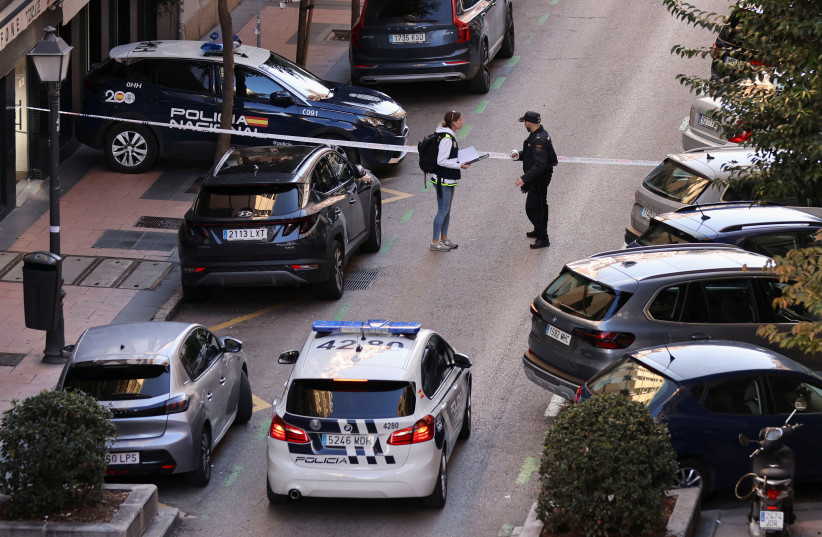 Police work at the site where Alejo Vidal-Quadras, former head of Spain's People's Party in the Catalonia region, was shot in the face, in Madrid, Spain, November 9, 2023. (credit: NACHO DOCE/REUTERS)