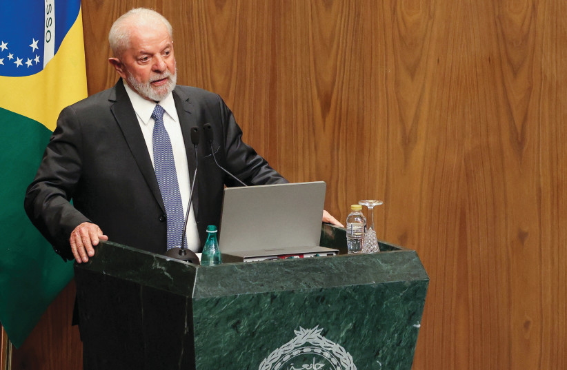  Brazil’s President Luiz Inacio Lula da Silva gives a speech during his visit to the Arab League headquarters in Cairo earlier this month. (credit:  REUTERS/Mohamed Abdel-Ghany/File Photo)
