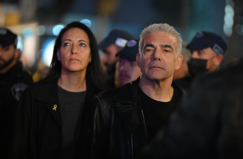  Leader of opposition Yair Lapid attends in solidarity with the families of the hostages in Tel Aviv, February 24, 2024 (credit: ELAD GUTMAN)