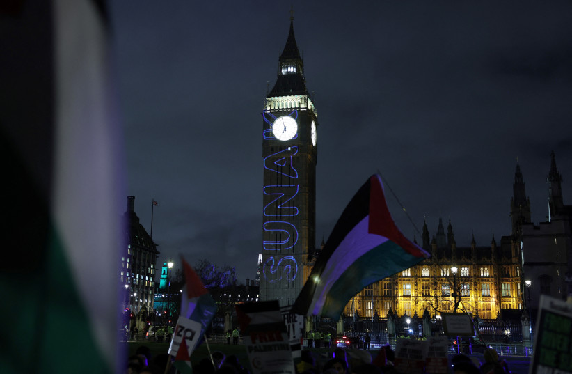 People demonstrate on the day of a vote on the motion calling for an immediate ceasefire in Gaza, amid the ongoing conflict between Israel and the Palestinian Islamist group Hamas, in London, Britain, February 21, 2024. (credit: REUTERS/Isabel Infantes)