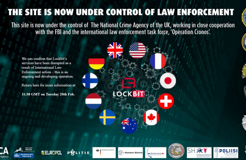  Una captura de pantalla tomada el 19 de febrero de 2024 muestra un aviso de retirada que un grupo de agencias de inteligencia mundiales emitió a un sitio web oscuro llamado Lockbit. (credit: REUTERS)