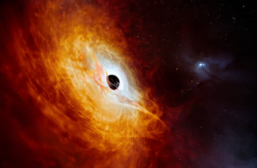  Esta impresión artística muestra el cuásar J059-4351, que batió récords, el núcleo brillante de una galaxia distante impulsado por un agujero negro supermasivo. (credit: ESO/M. Kornmesser)