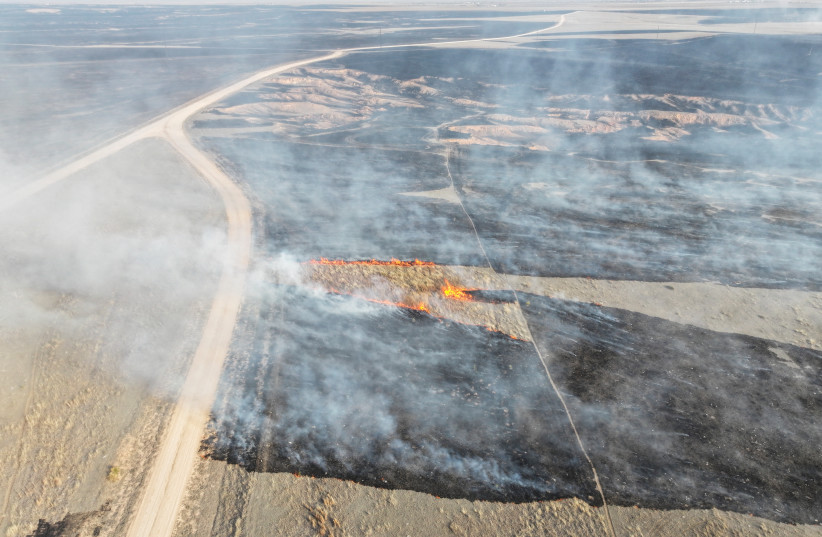  A drone view of the grasslands burning from the Smokehouse Creek Fire in Roberts County, Texas, U.S., February 28, 2024 (credit: REUTERS/NATHAN FRANDINO)