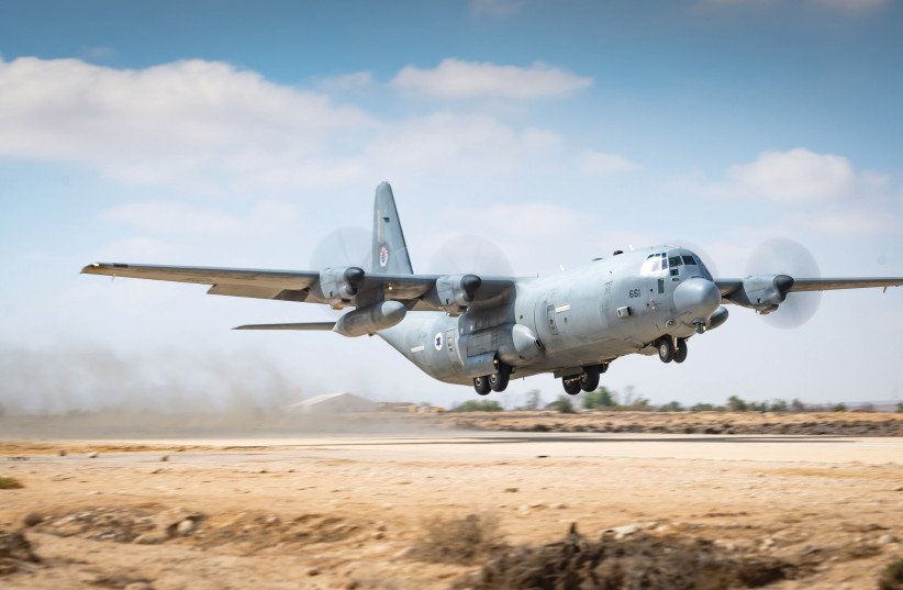  A C-130 Super Hercules. The aircraft can transport soldiers, gear, and water, and it can also be used to drop pamphlets of the type Israel has been dropping over Gaza to warn people to evacuate or to offer rewards for help finding hostages. (credit: IDF)