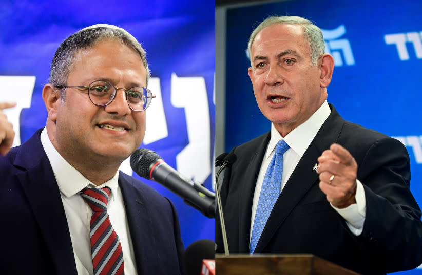  I: Líder de Otzma Yehudit, MK Itamar Ben Gvir. D: Líder del Likud, el ex primer ministro Benjamin Netanyahu. (credit: AVSHALOM SASSONI/MAARIV)