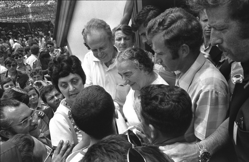  Former PM Golda Meir and her replacement, Yithak Rabin visit repatriated Israeli POWs at Lod Airport, June 6, 1974 (credit: Moshe Milner/GPO)