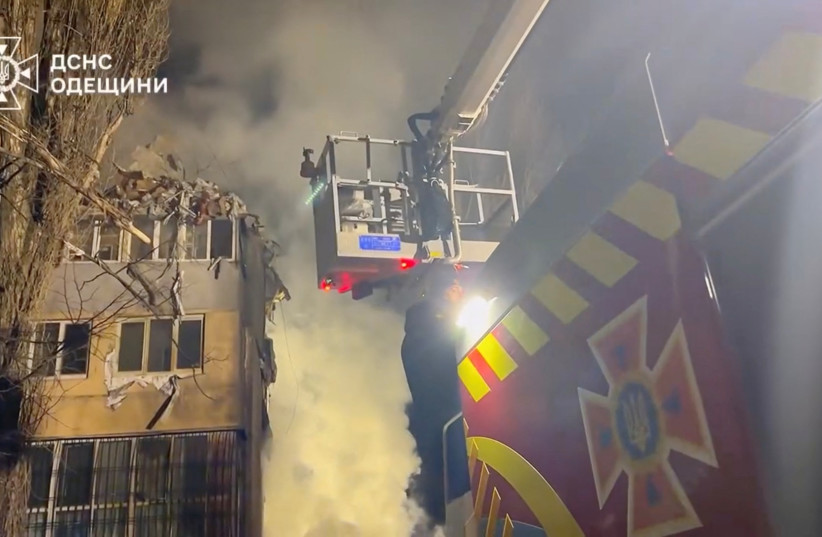  Fire and rescue crews work at the site of a deadly Russian drone attack on an apartment building in Odesa, Ukraine March 2, 2024 in this still image from handout video. (credit: STATE EMERGENCY SERVICE OF UKRAINE IN ODESA REGION/HANDOUT VIA REUTERS)