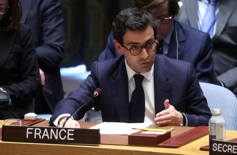  French Foreign Minister Stephane Sejourne speaks during a United Nations Security Council meeting ahead of the 2nd anniversary of the Russian invasion of Ukraine, at the U.N. headquarters in New York, U.S., February 23, 2024. (credit: Mike Segar/Reuters)