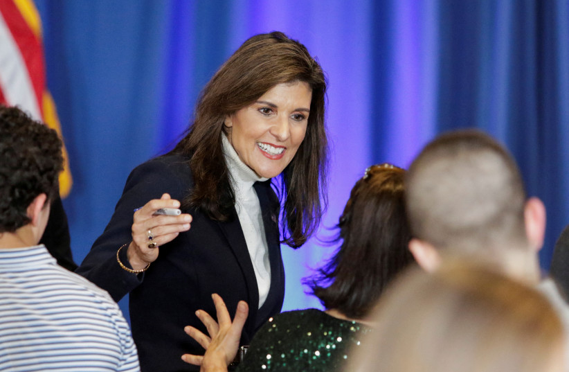  Republican presidential candidate and former U.S. Ambassador to the United Nations Nikki Haley greets supporters at a campaign event in Portland, Maine, U.S. March 3, 2024. (credit: Joel Page/Reuters)