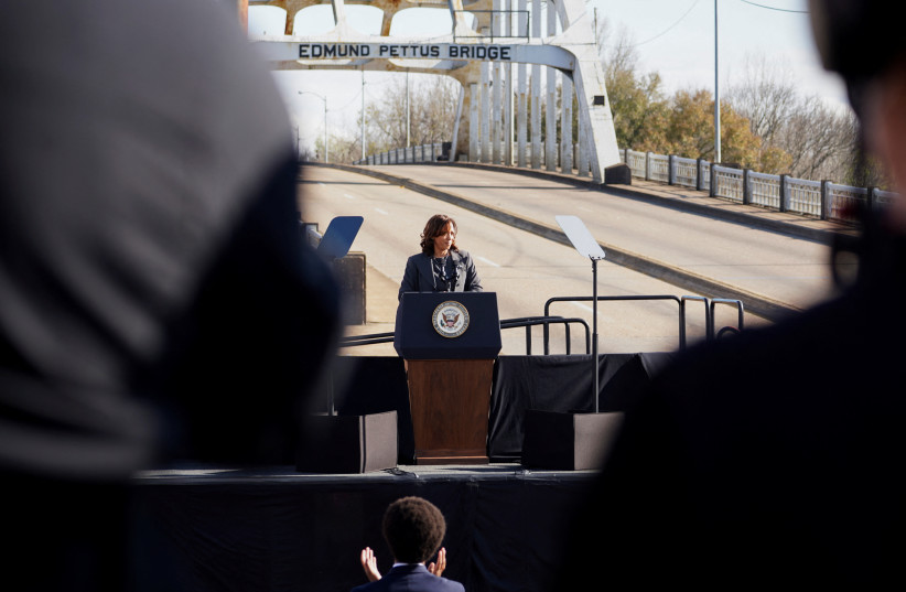  US Vice President Kamala Harris speaks during an event to mark the 'Bloody Sunday' anniversary, in Selma, Alabama, U.S., March 3, 2024.  (credit: REUTERS/Megan Varner)
