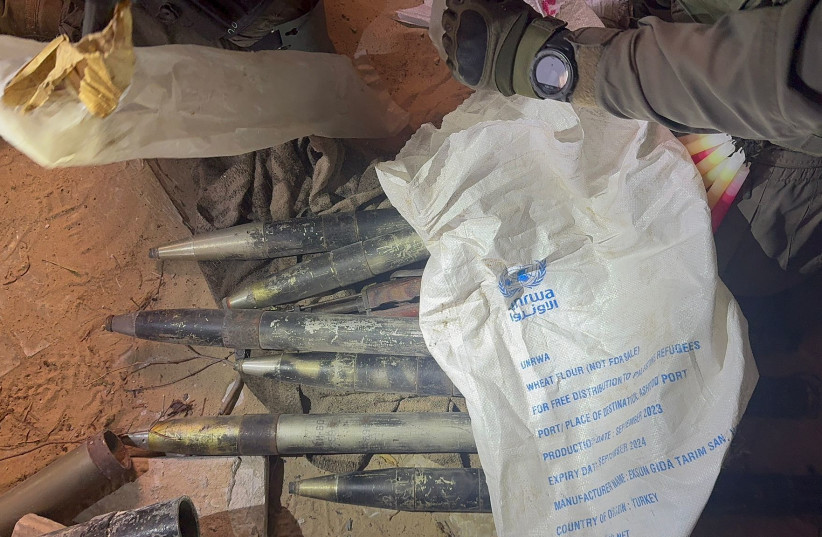  Part of the munitions discovered by the IDF that Hamas attempted to hide/dispose of in UNRWA bags, March 5, 2024 (credit: IDF SPOKESPERSON'S UNIT)