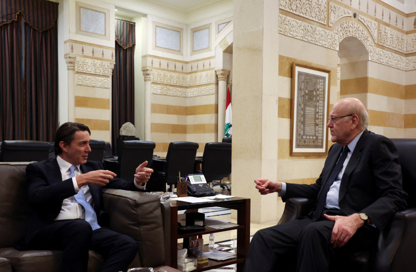  Lebanon's caretaker Prime Minister Najib Mikati meets with U.S. envoy Amos Hochstein in Beirut, Lebanon March 4, 2024.  (credit: MOHAMED AZAKIR/REUTERS)