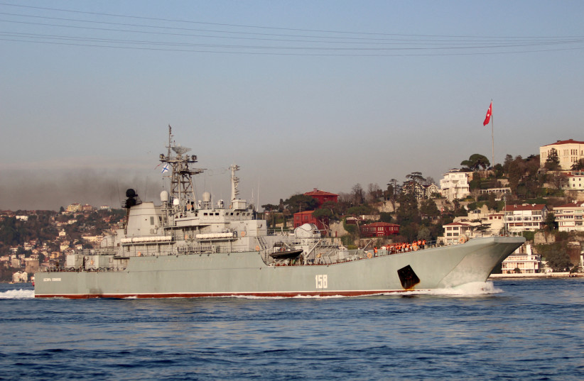  The Russian Navy's large landing ship Caesar Kunikov sets sail in the Bosphorus, on its way to the Mediterranean Sea, in Istanbul, Turkey, March 4, 2020. (credit: YORUK ISIK/ REUTERS)