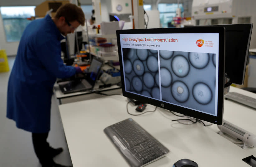  Un científico estudia células cancerosas dentro de glóbulos blancos a través de un microscopio en el centro de investigación de GlaxoSmithKline (GSK) en Stevenage, Gran Bretaña 26 de noviembre de 2019. (credit: PETER NICHOLLS/REUTERS)