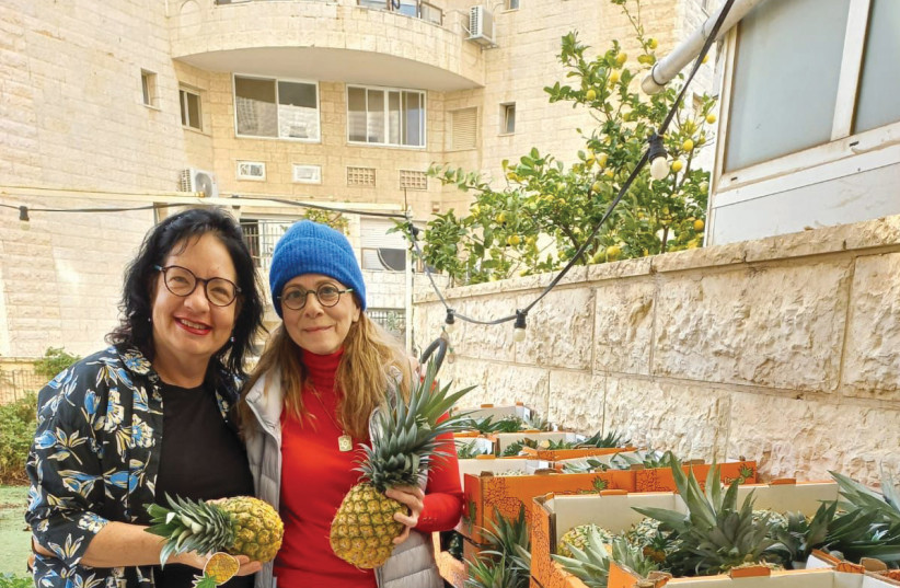  TANIA HAMMER (L) offered the use of her Jerusalem garden to a pineapple farmer from Moshav Bnei Netzarim in the Gaza envelope, where her friend Ruth and other locals bought pineapples. (credit: Courtesy Tania Hammer)