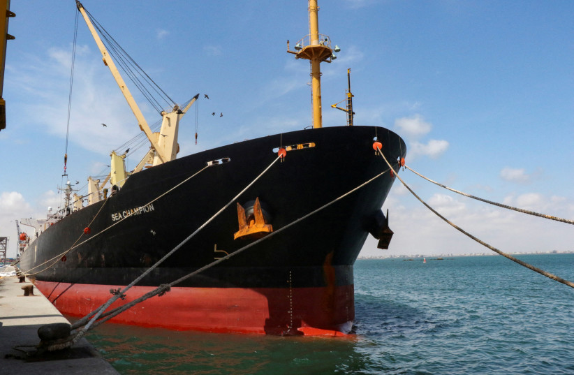   Greek-flagged bulk cargo vessel Sea Champion is docked to the port of Aden, Yemen to which it arrived after being attacked in the Red Sea in what appears to have been a mistaken missile strike by Houthi militia, February 21, 2024 (credit: REUTERS/Fawaz Salman/File Photo)