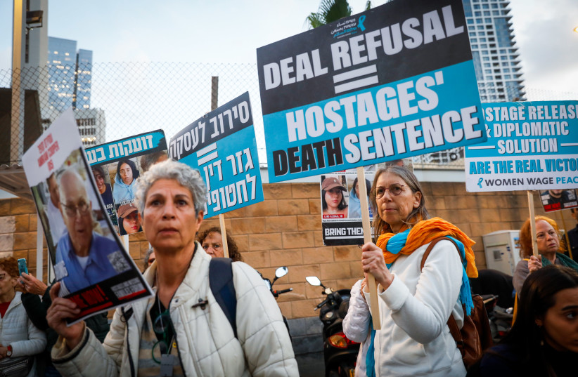  Activists protest calling for the government to find a solution to have the hostages in Tel Aviv, March 7, 2024 (credit: MIRIAM ALSTER/FLASH90)