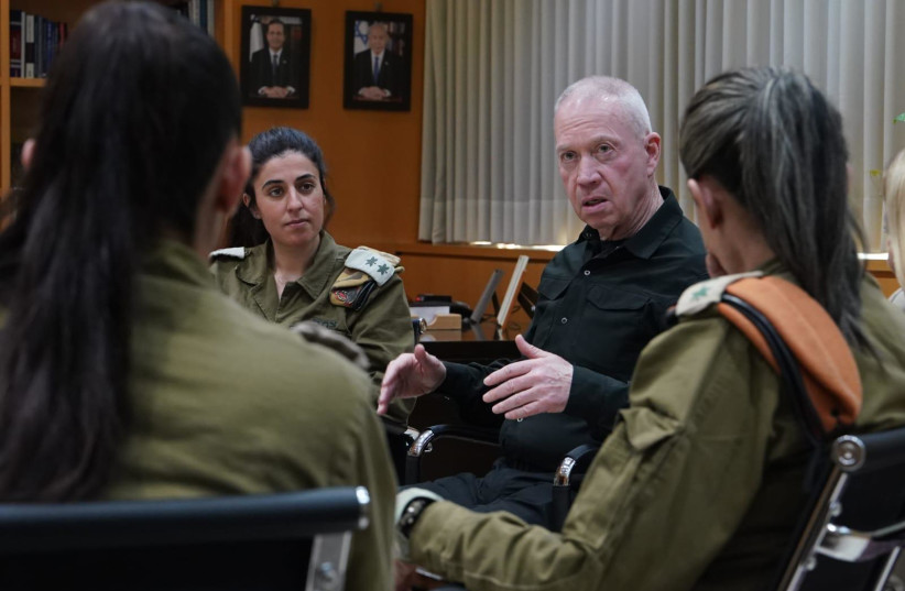   Defense Minister Yoav Gallant meeting with female combat commanders to discuss ''dramatic changes'' in the IDF, March 8, 2024. (credit: ARIEL HARMONI/DEFENSE MINISTRY)