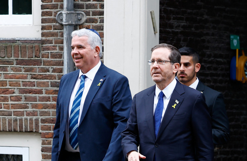 Israeli President Isaac Herzog arrives at the Portuguese Synagogue on the day of the opening of the National Holocaust Museum, in Amsterdam, Netherlands, March 10, 2024 (credit: PIROSCHKA VAN DE WOUW/REUTERS)