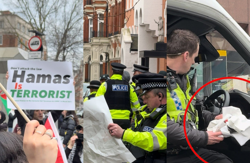 An anti-Hamas sign held by Iranian activist Niyak Ghorbani, and later crumpled by London police, March 10, 2024  (credit: Courtesy)
