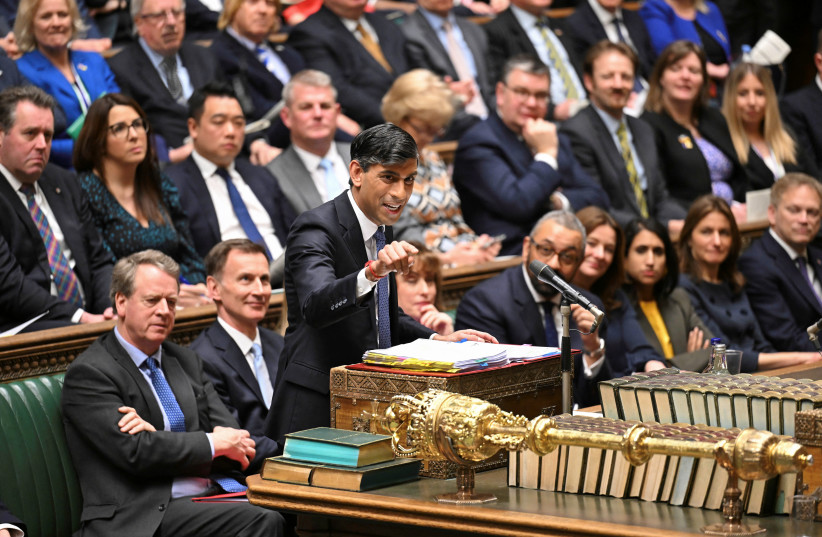  British Prime Minister Rishi Sunak speaks during Prime Minister's Questions, at the House of Commons in London, Britain, March 6, 2024. (credit: UK Parliament/REUTERS)