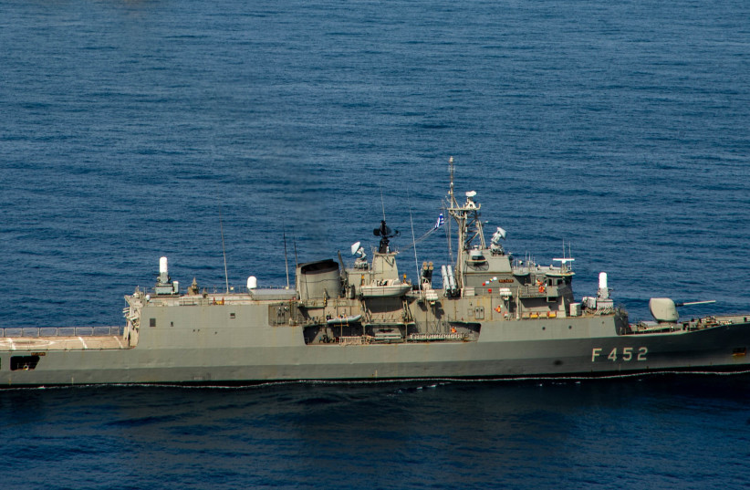  The Greek frigate HYDRA, which fired at two Houthi drones on Wednesday as part of the EU's ASPIDES mission. (credit: PUBLIC DOMAIN)