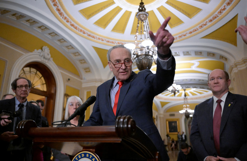  U.S. Senate Majority Leader Chuck Schumer (D-NY) speaks during a press conference following the weekly Senate caucus luncheons on Capitol Hill in Washington, U.S., March 12, 2024.  (credit: REUTERS/Craig Hudson)