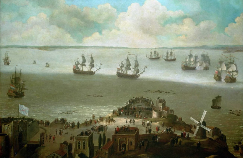 HMS 'Tyger' taking the 'Schakerloo' in the harbor of Cadiz, 23 February 1674. (credit: US National Park Service)