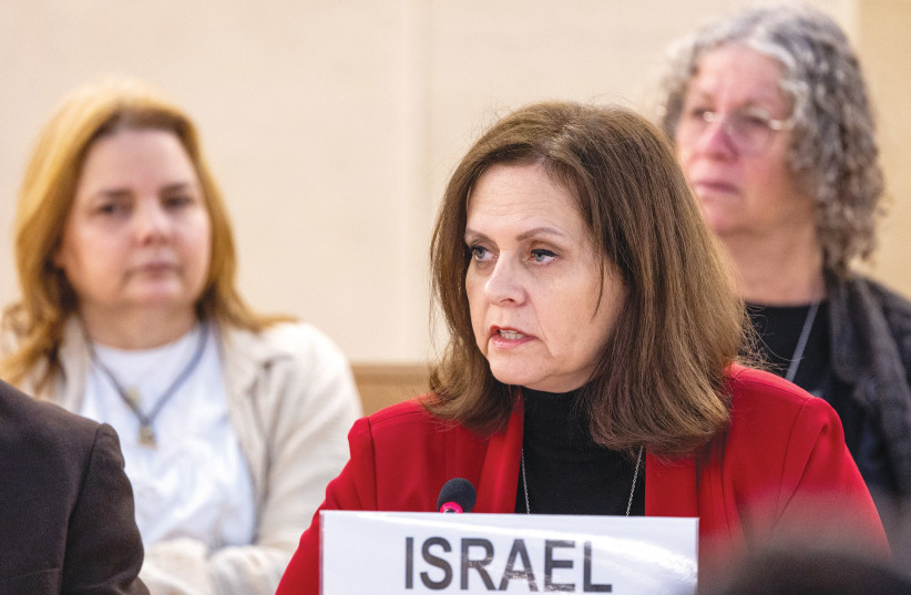  ISRAEL’S AMBASSADOR Meirav Eilon Shahar addresses the UN Human Rights Council in Geneva, last month, sitting in front of former hostages Raz Ben Ami (left) and Aviva Siegel. (credit: DENIS BALIBOUSE/REUTERS)