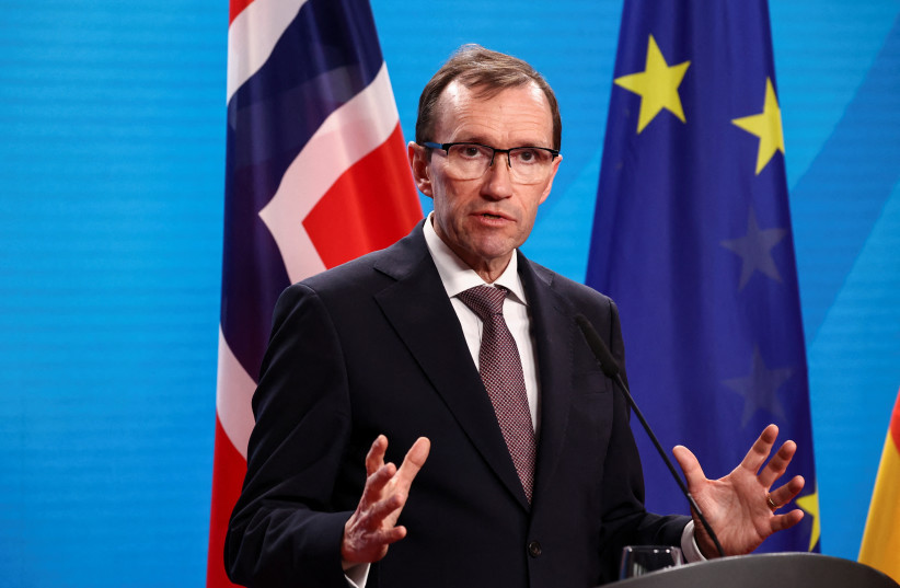  Norway's Foreign Minister Espen Barth Eide speaks during a press conference, in Berlin, Germany, March 14, 2024. (credit: REUTERS/Liesa Johannssen)