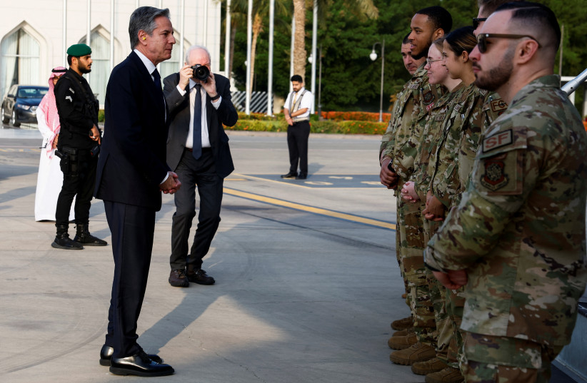 US Secretary of State Antony Blinken talks to U.S. military personnel as he departs Jeddah for Cairo, Egypt, in Jeddah, Saudi Arabia March 21, 2024. (credit: REUTERS/EVELYN HOCKSTEIN/POOL)