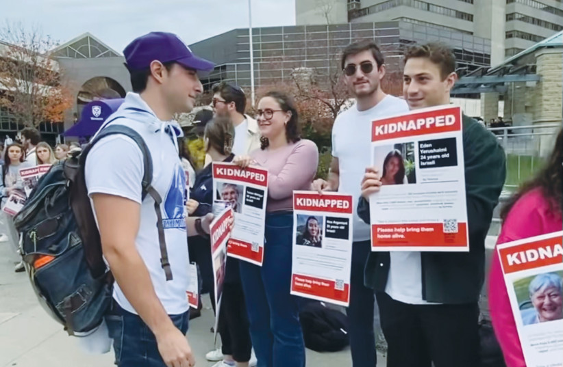  JEWISH STUDENTS hold a protest on campus at Western University, demanding the release of the hostages in Hamas captivity in Gaza. (credit: Jeremy Urbach)