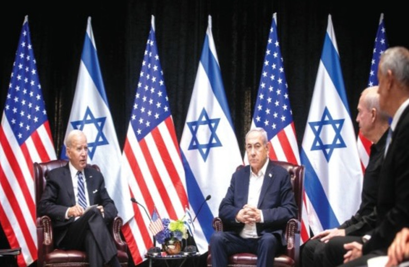  Joe Biden and Benjamin Netanyahu in the War Cabinet meeting in Kirya in October last year. (credit: MIRIAM ALSTER/FLASH90)