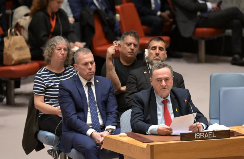  El ministro de Asuntos Exteriores, Israel Katz, pronuncia un discurso en el debate del Consejo de Seguridad de la ONU sobre la violencia sexual cometida el 7 de octubre por Hamás, 11 de marzo de 2024. (credit: Shlomi Amsalem/Foreign Ministry)